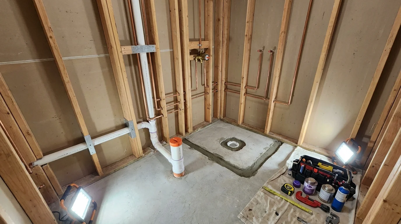 Bathroom rough-in plumbing during remodel by Johns Plumbing LLC in Howard Lake