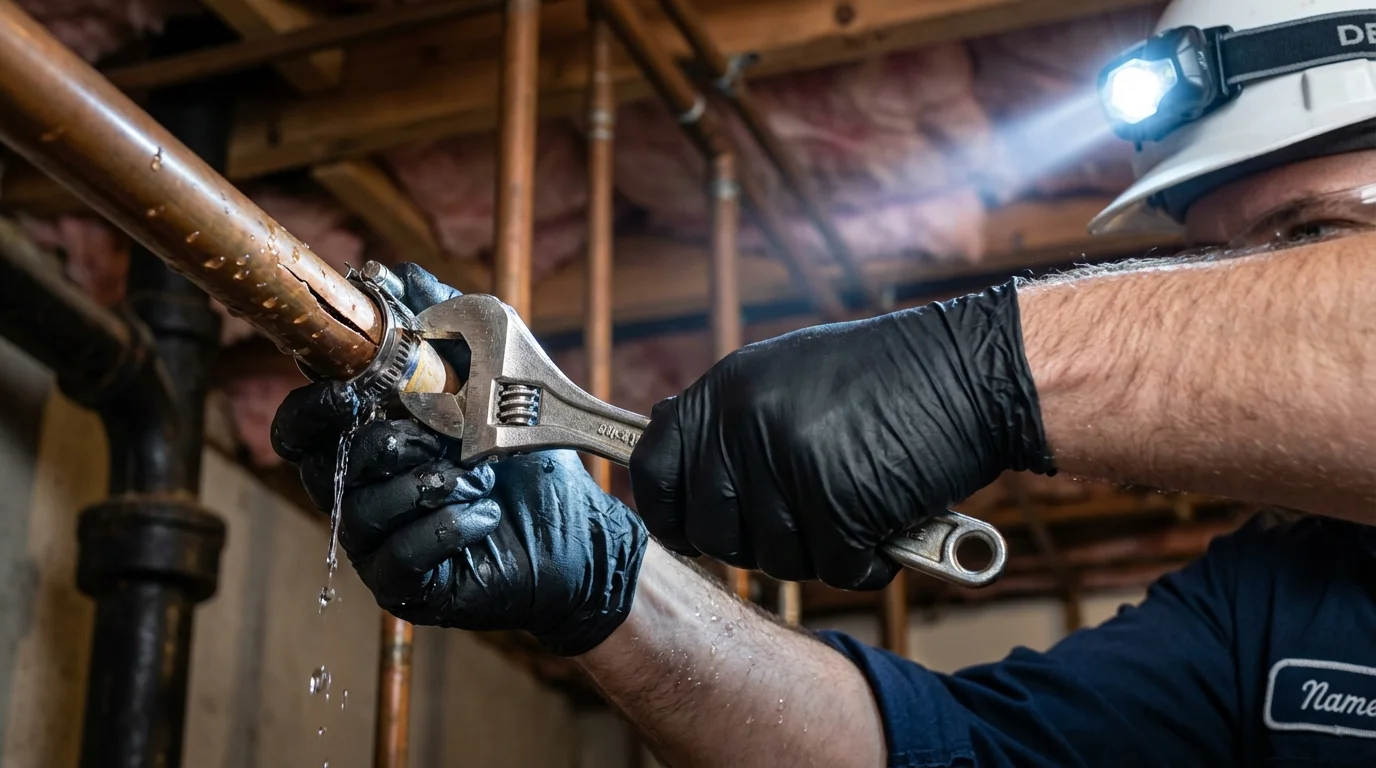 Emergency pipe clamp repair being performed by a Johns Plumbing LLC plumber in Howard Lake