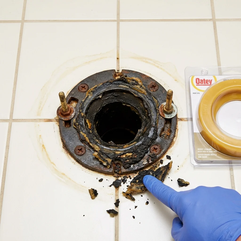 Failed wax ring showing water seepage at the base of a toilet in a Howard Lake, MN home